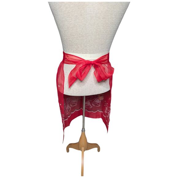 Vtg 1950s Red Sheer Chiffon Holiday Bell Graphic Single Pocket Half Apron OS - Picture 4 of 4